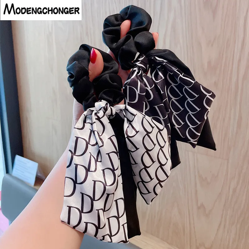 Vintage large intestine hair tie bow head Rope letter Splicing Hair rope Hair Scrunchies Rubber Band For Women hair accessories