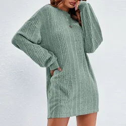 2023 Autumn Winter Knitted Dresses New Women's Long Sleeve Round Neck Warm Wool Plush Dress Solid Color Long Sweater Robe