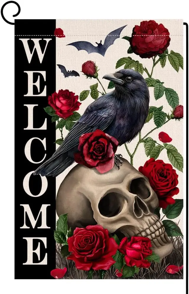 BLKWHT Halloween Skull Rose Garden Flag 12x18 Vertical Double Sided Black Crow Bat Welcome Fall Holiday Outside Decorations  UUN
