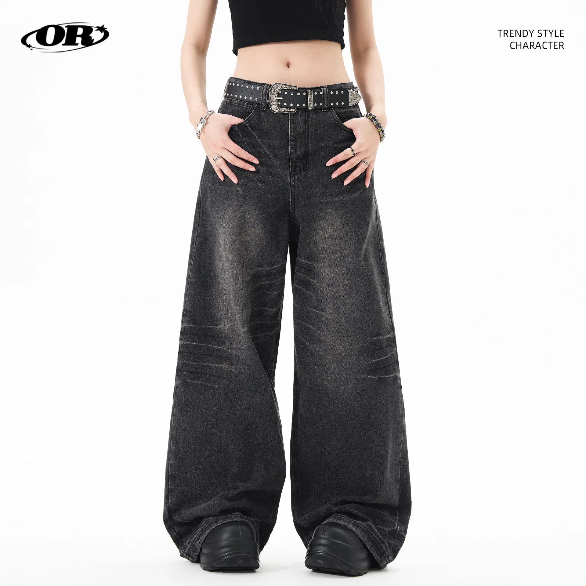 

OR FL Women's American Retro Aging Cat Whiskers Wash and Age Staraight Jeans Trendy Brand Baggy Wide Leg Big News Pants Y2k