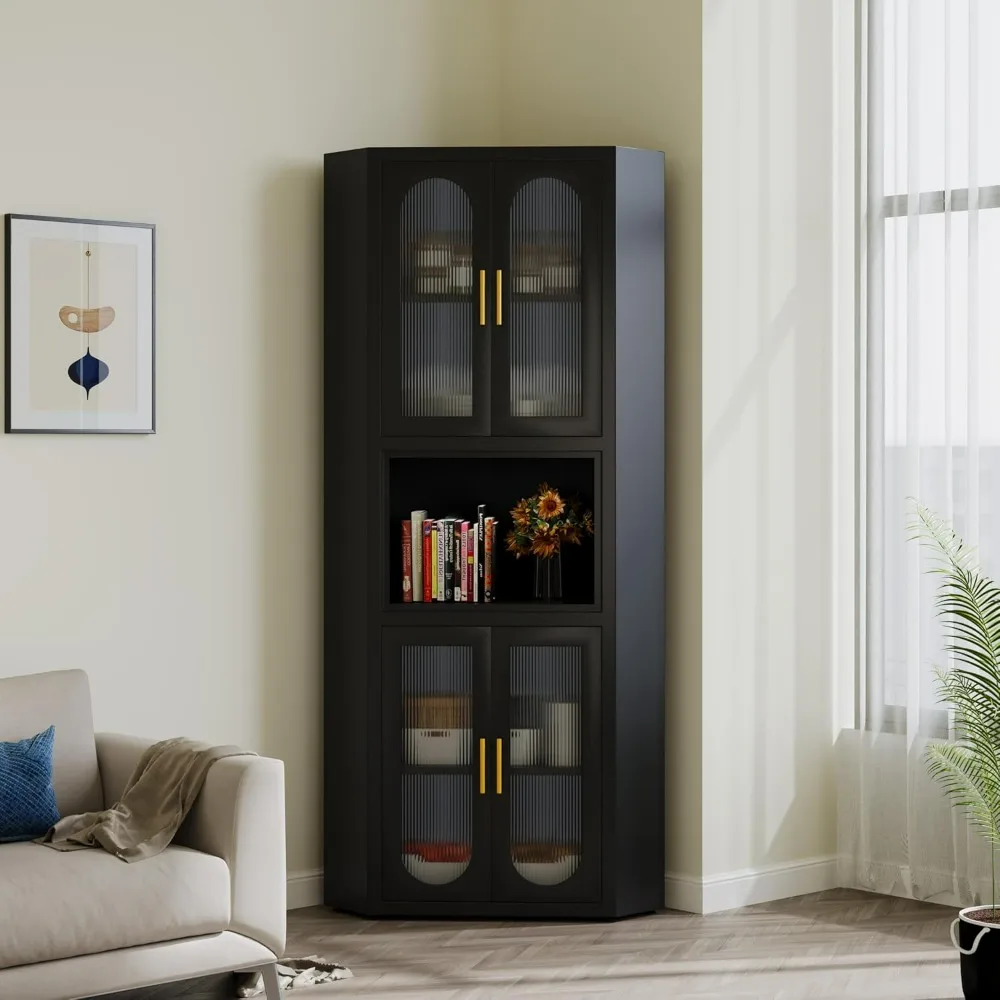 Corner Cabinet, Corner Pantry Storage Cabinet with 4 Glass Doors and 5 Shelves, Tall Metal Corner Cabinet for Kitchen, Bathroom