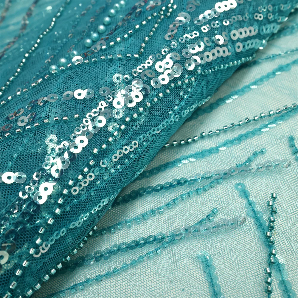 High-End Handmade Beaded Lace Fabric  Embroidery French Lace Wedding Dress Embroidered Aqua Tulle Fabric