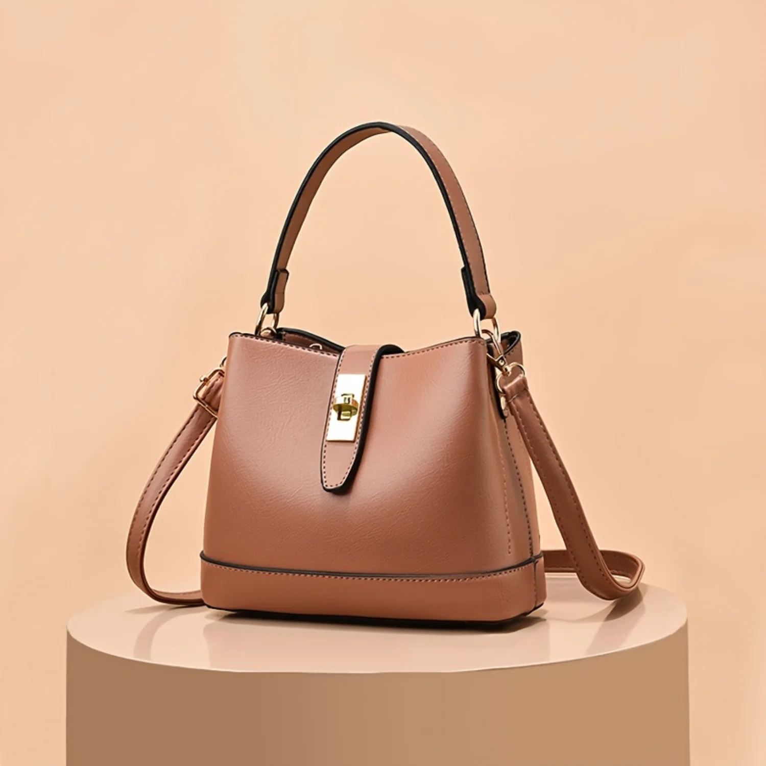 Fashionable Color-Blocked Crossbody Handbag with Turn Lock Closure & Multiple Pockets