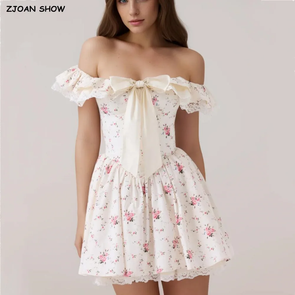 

2025 Sweet Floral Print Bow Ruffles Spliced Lace Slash Off Shoulder Dress Women Low Waist Ruched Pleated Swing Mini Dresses Robe