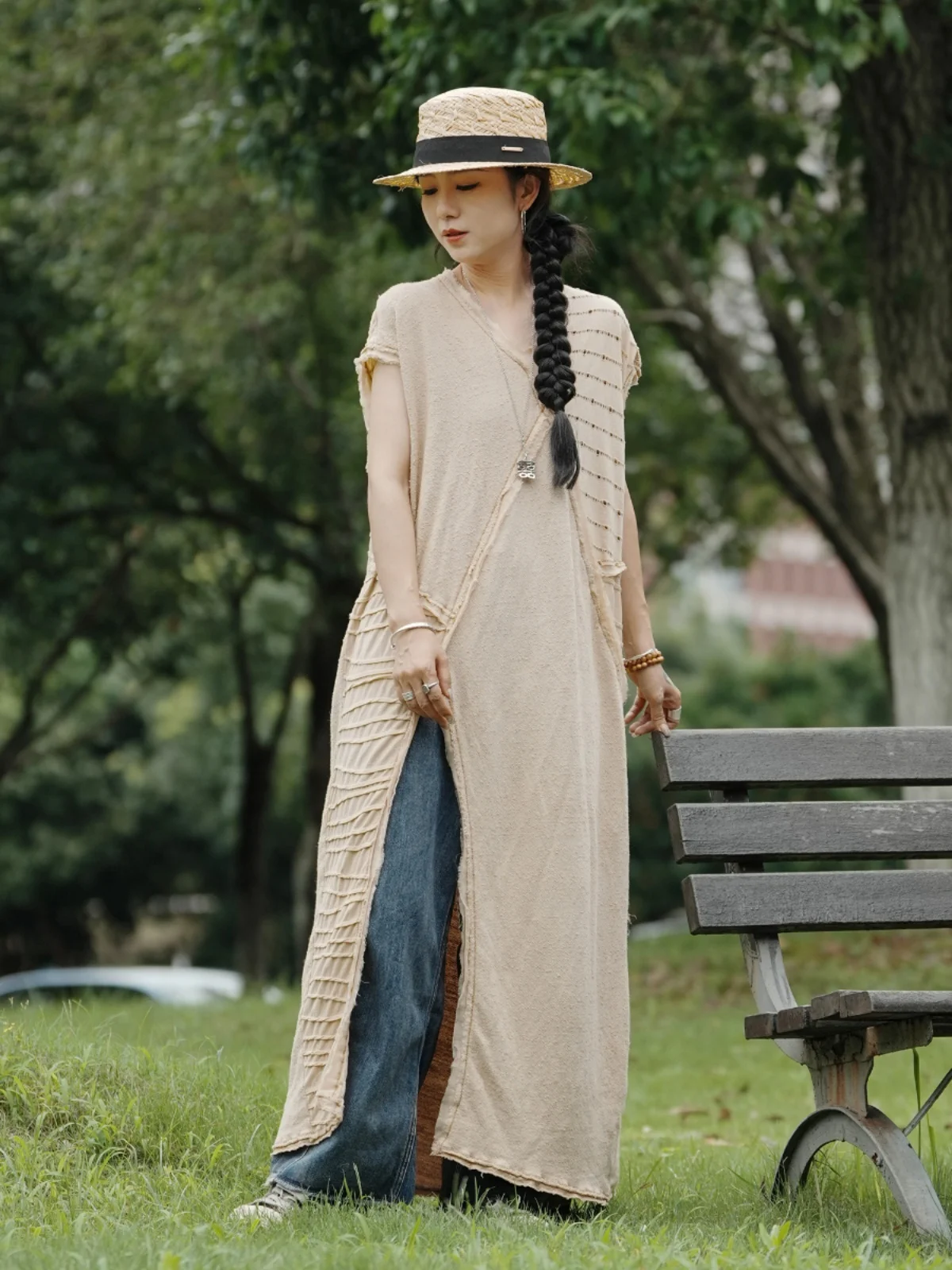 

Летняя женская юбка-жилет из хлопка с эффектом окрашивания Ji Jian Long, однотонная, средней длины, для повседневной носки