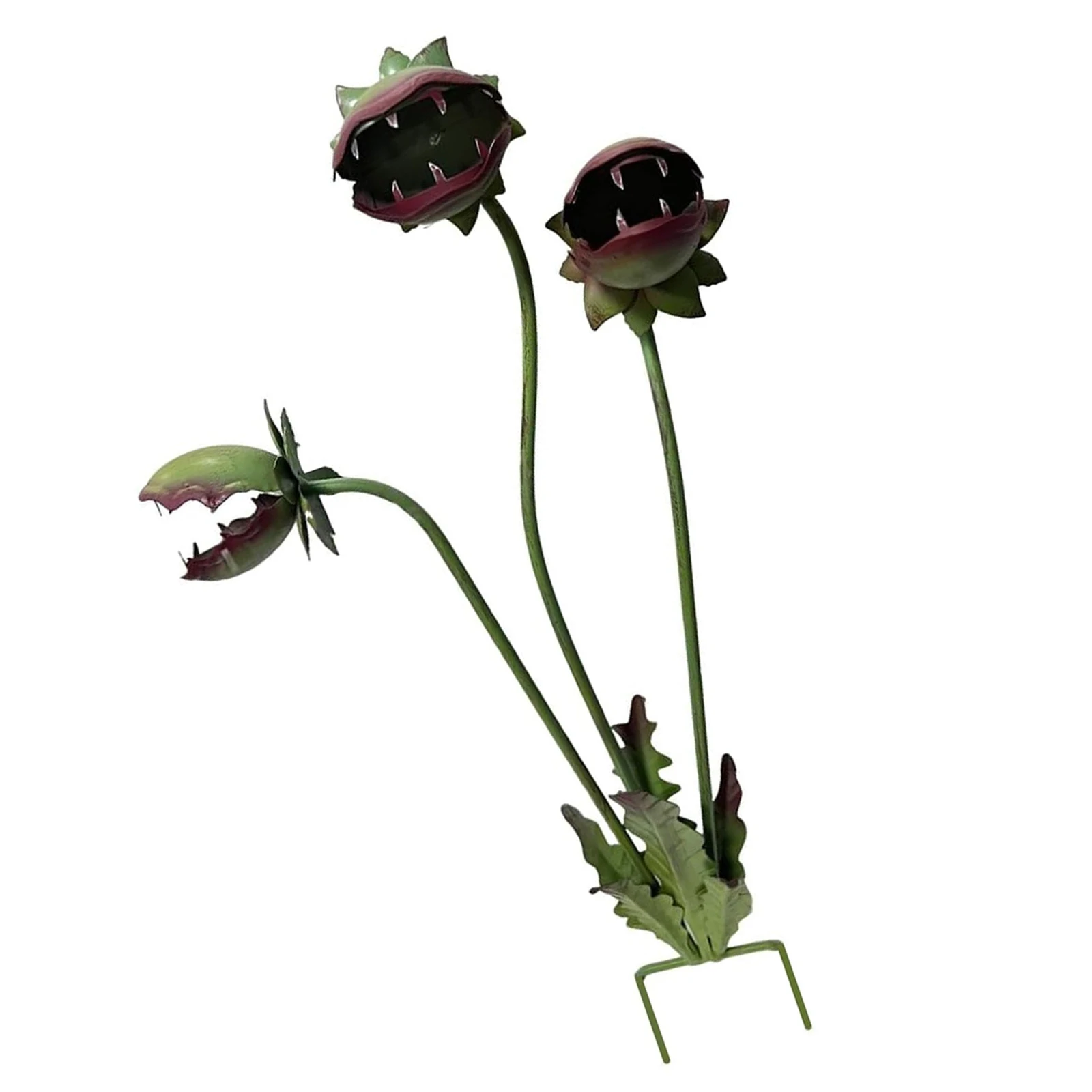 3-Head Flytrap Garden Stakes Decorative 25in H Rust-proof Metal Floral Stakes Yard Art Monster for Flower Beds Patios & Planters