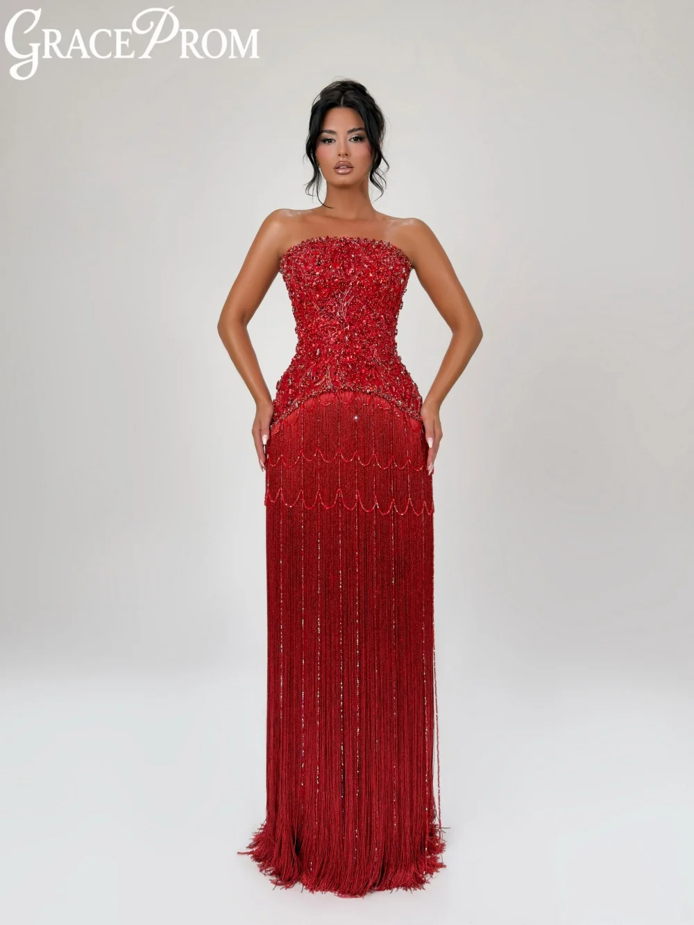 Nuevo Vestido de Noche con Flecos Rojos, Vestido de Fiesta de Boda sin Tirantes con Cuentas Brillantes, Vestidos de Banquete Largos y Elegantes Personalizados