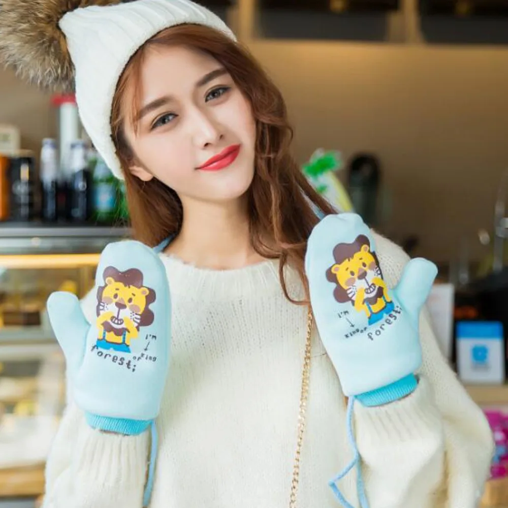 Women\'s New Autumn Winter Collection of Thick and Plush Double-layer Warm Cute Cartoon Printed Rubber Gloves Apparel Accessories