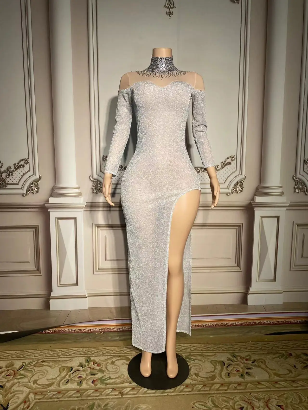 

Women Nightclub Bodysuit Female Singer DjDs Guest Gogo Mesh Stretch Long Split Dress Stage Performance Outfit