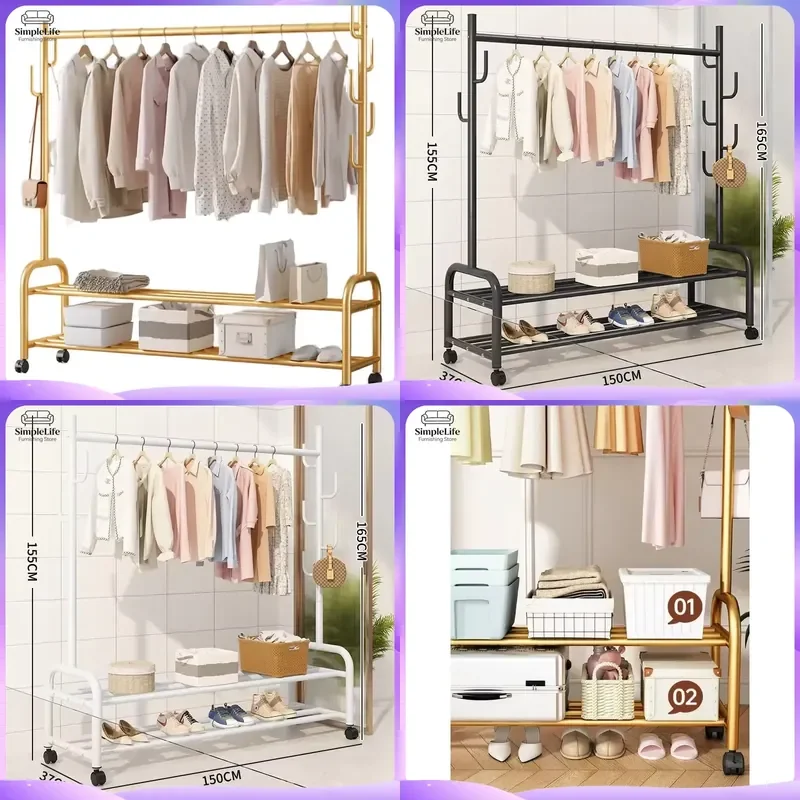 Gold Metal Clothes Rack 165cm Rolling Garment Rack with Wheels Portable Round Rod Hanger Stand for Bedroom Living Room