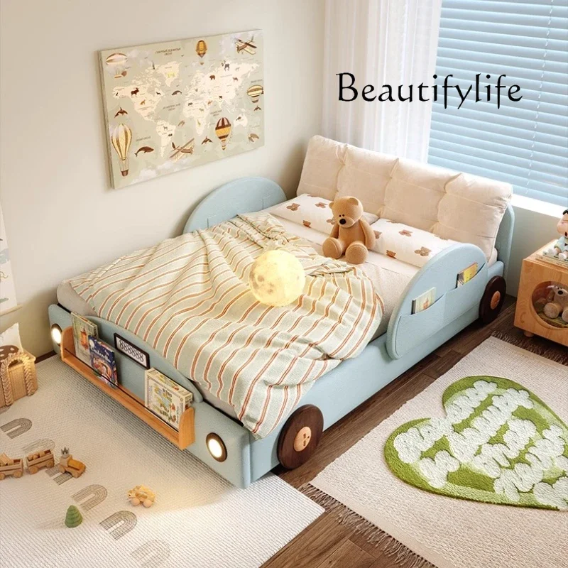 Tempat Tidur Anak Bentuk Mobil Sederhana dengan Rel Pengaman Kayu, Gaya Modern, Desain Balita, Tempat Tidur Single, Camas Infantiles, Furnitur Rumah