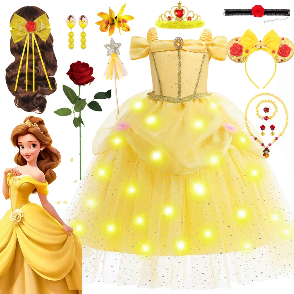 

Princess Belle Dress for Girl Kids Floral Ball Gown LED Light Up Child Cosplay Bella Beauty and The Beast Costume Fancy Party