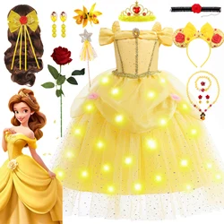 Princess Belle Dress for Girl Kids Floral Ball Gown LED Light Up Child Cosplay Bella Beauty and The Beast Costume Fancy Party