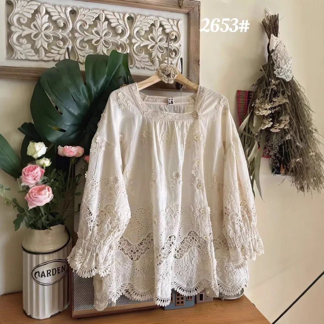 Japan Style Mori Girl Embroidery Hollow Out Cotton Shirts Women Spring Long Sleeve Casual Loose Solid Color Blouse Tops