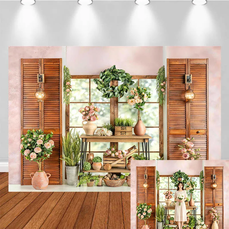 

LS Photography Backdrop Rustic Style Pendant Light Vase Flower Potted Plant Decor Birthday Kids Adult Portrait Photo Background