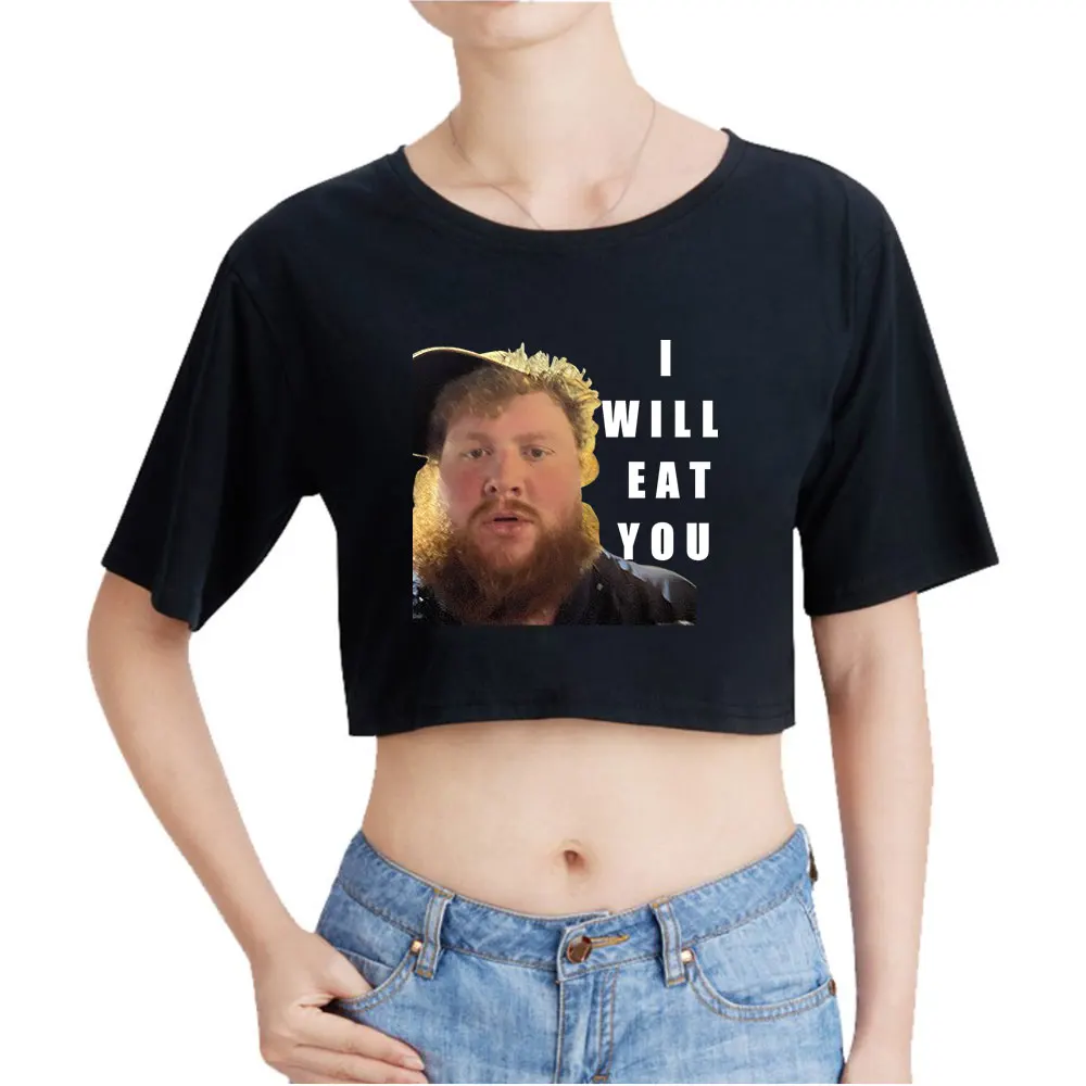 Caseoh I Will Eat You Vintage 90s Crop Top Exposed Navel T-Shirt Oversize O-Neck Tops Women Funny Tshirt Top