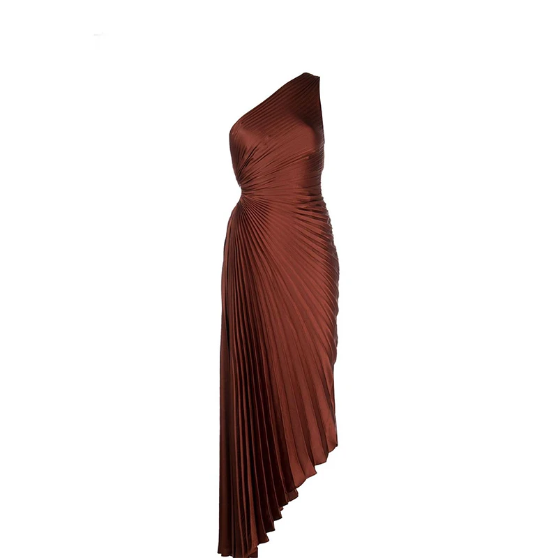 With Label ALC** Summer/Autumn Women Dress Polyester Asymmetry One-Shoulder Brown Hole Ankle-Length Vintage High Waist