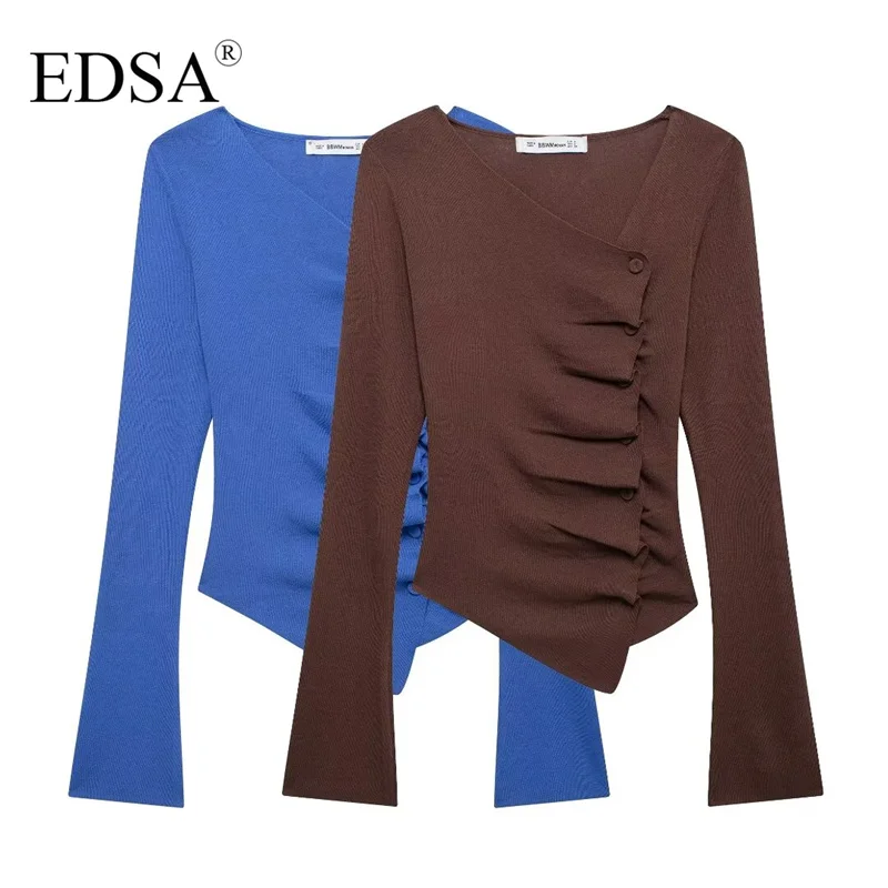 EDSA Women Asymmetrical Pleated Sweater Top Autumn Women's Long Sleeve Knitted Top Ladies Fashion Elegant Blue Brown Knitwear