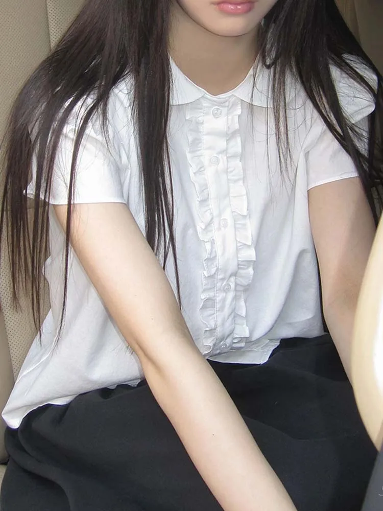 Classic Japanese Style Skirts High Waist Pure Color Double Button Slimming A Line Fluffy Skirt for Women White Shirts Tops - view 4