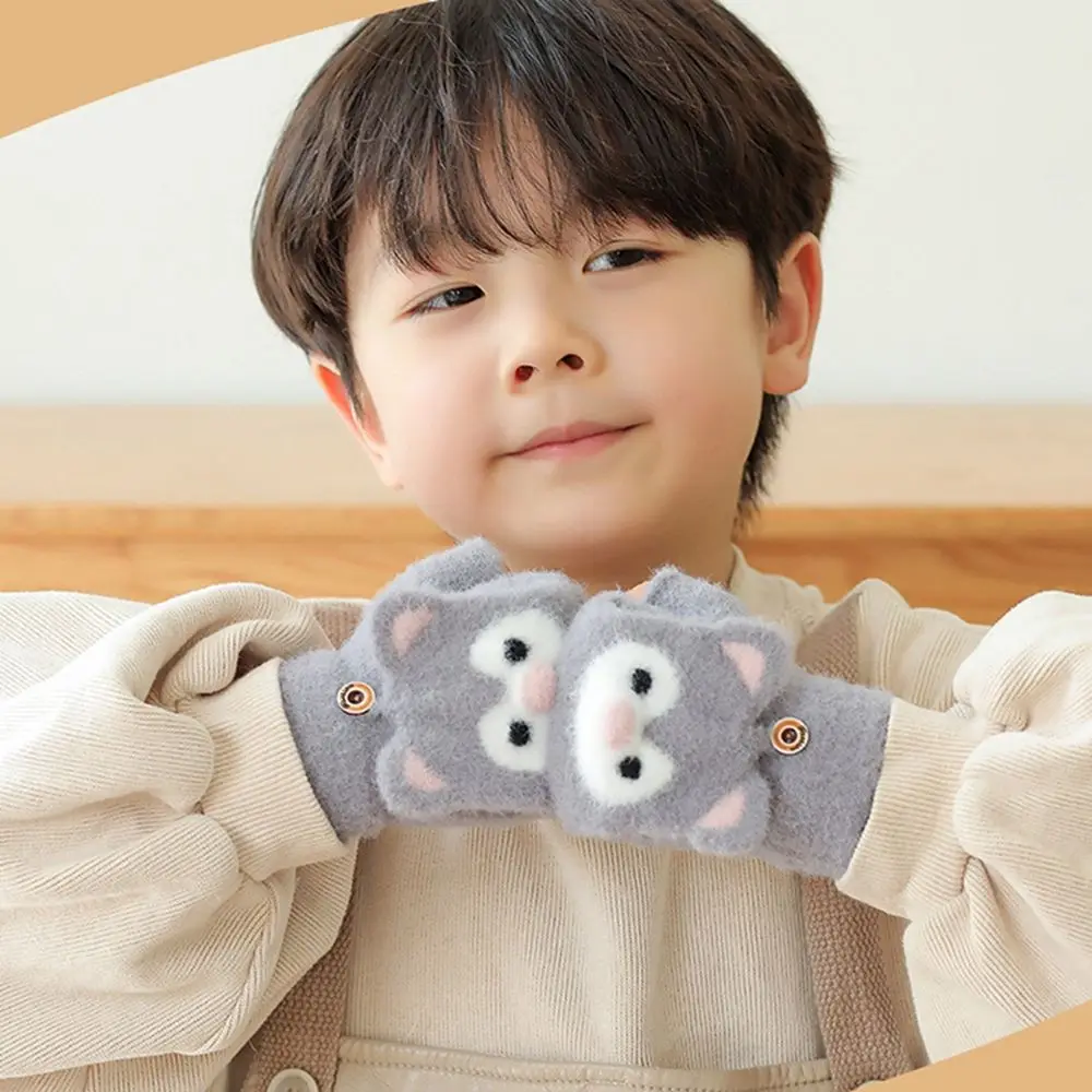 

Cute Thick Children Cat Ear Bear Shape Children Gloves Half Finger Gloves Flip Cover Gloves Korean Knitted Mittens