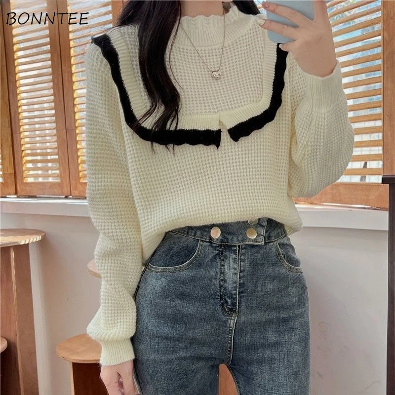 

O-neck Pullovers Women Leisure Panelled Design Knitting Long-sleeves Loose Ruffle Simple Sweet Tops Girls Spliced Korean-style