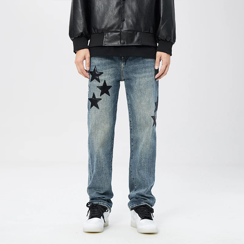 

600 High Street American spring new design sense loose straight jeans men's high-end small star tide leisure trousers