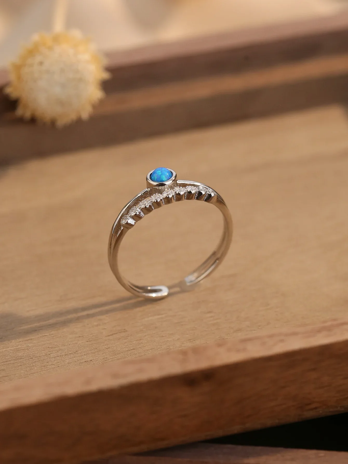 Creative Pure 925-Silver Double-layer Ring with Blue Opal and Zircon Simple Exquisite Style for Daily Wear or as a Gift