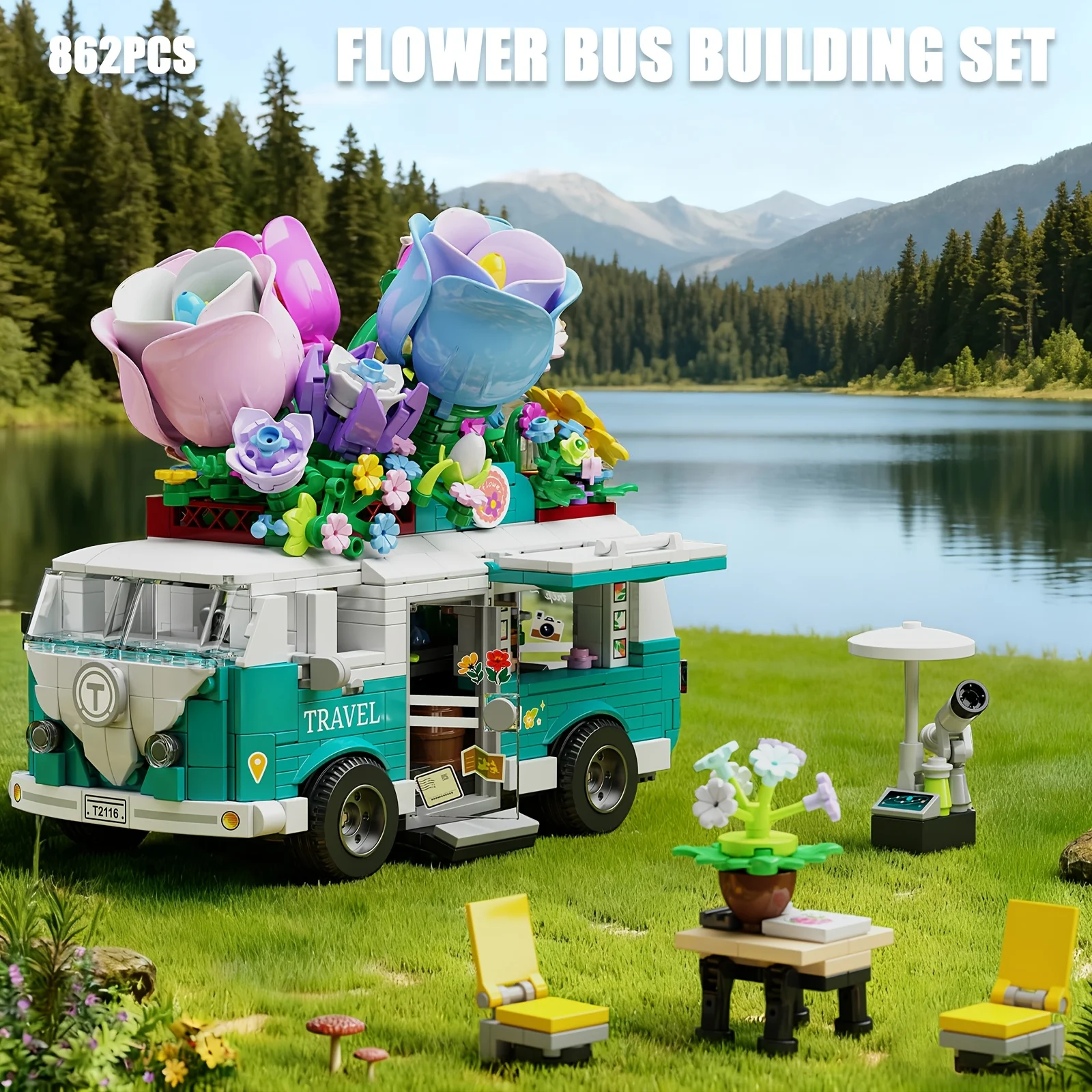 

Floral-Themed Travel Bus Model Building Toy - 948 Blocks Desktop Decoration Educational Construction Set for for Ages 6 And Up