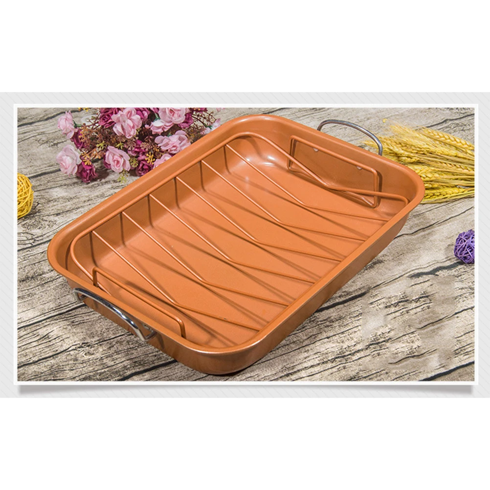 

Non Stick BBQ Tray Grid Rack Roaster Pan Grilling Platter Baking Chicken Bakeware Rectangular Metal U Shape Easy Release