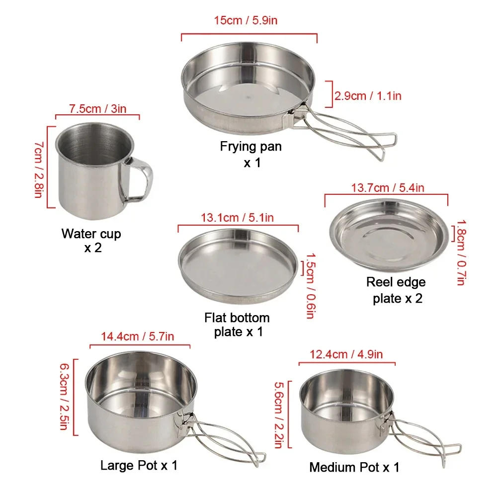 8pcs/Set Camping Cookware Mess Kit Stainless Steel Cooking Pot and Pan Set with Plates Cups for Outdoor Hiking Backpacking view 5