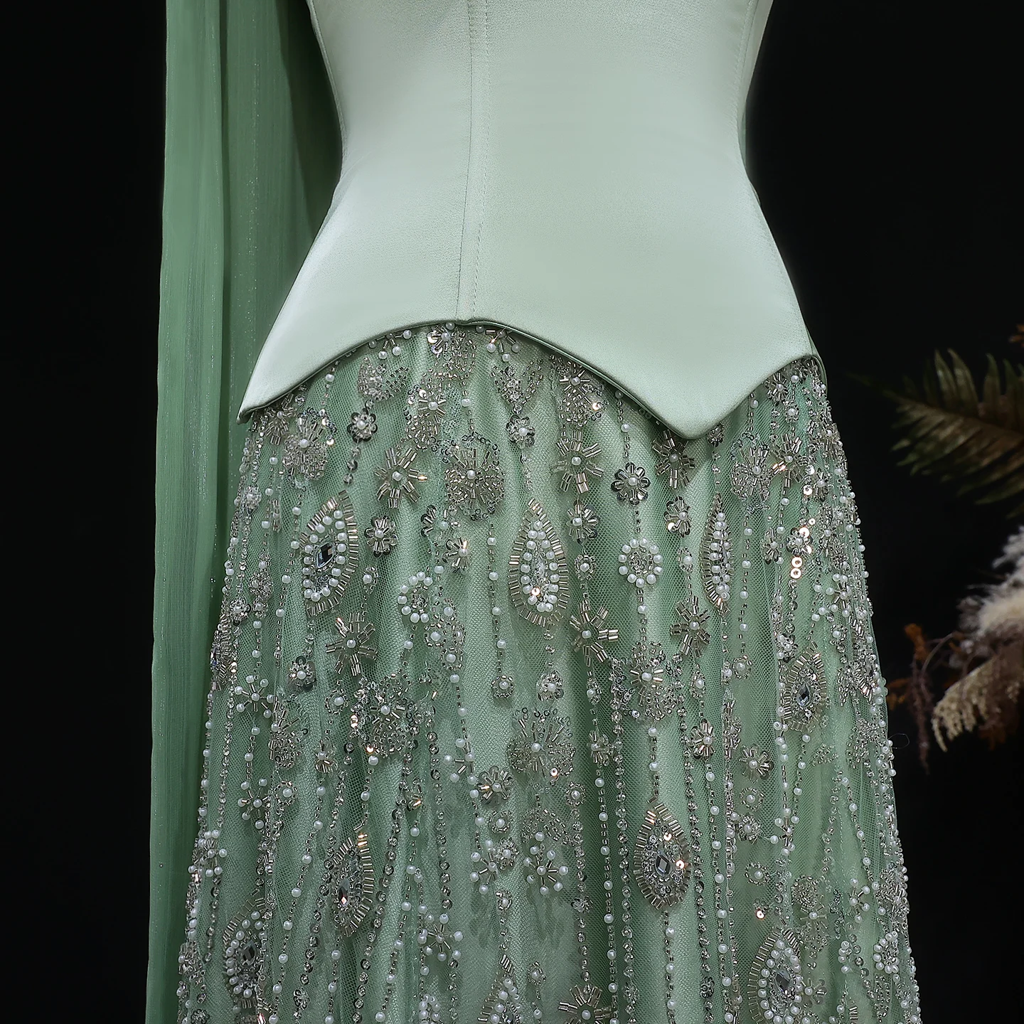 Sharon Said Arabisches Champagner-Perlen-Perlenbesetztes A-Linien-Abendkleid Schulterfrei mit Schal Damen Hochzeitsfeierkleid SS627 Maßanfertigung – Detail 9