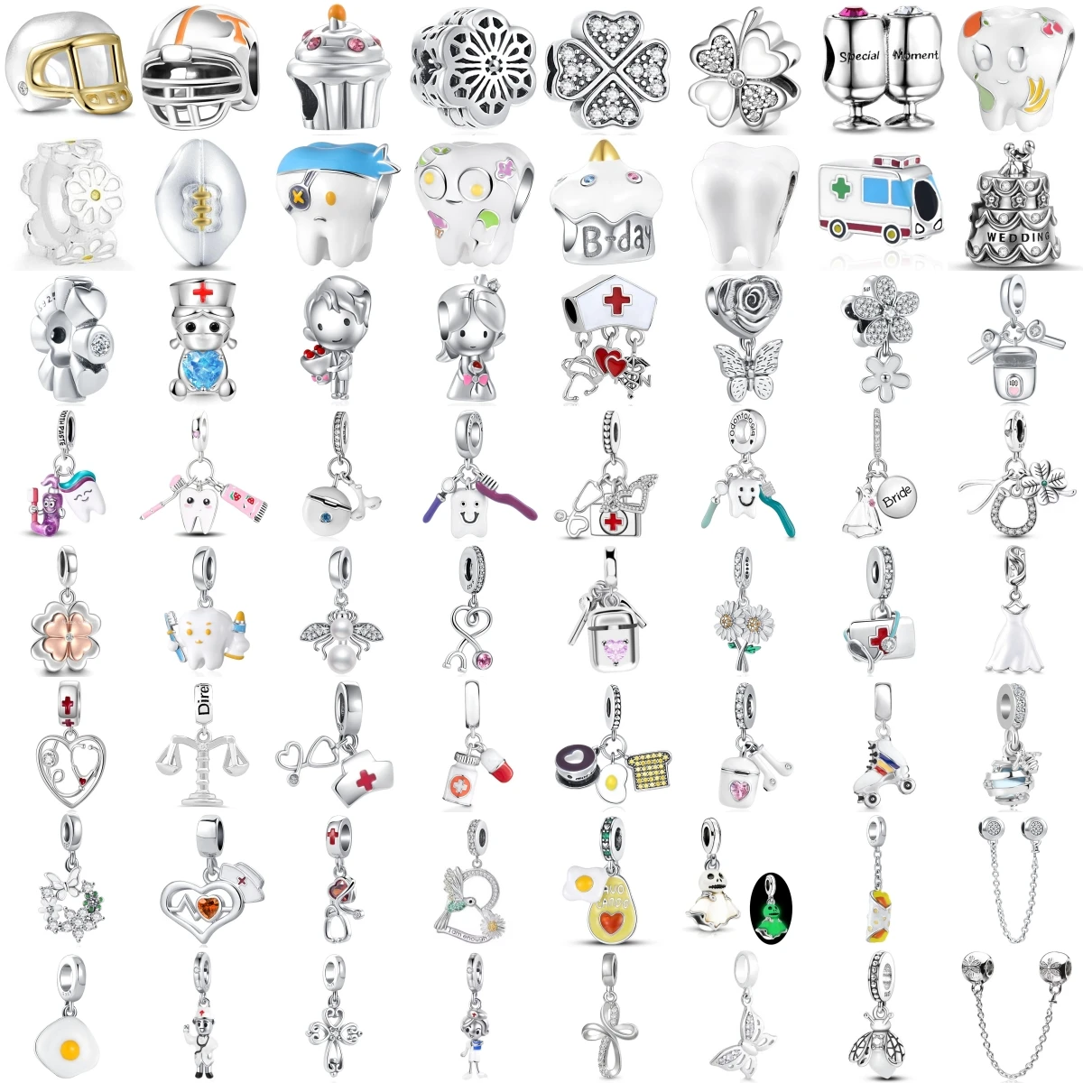 925 Sterling Silver Beads Medical Nurse Doctor Dental Tooth Football Helmet Wedding Cake Fit DIY Jewelry Gift For Women