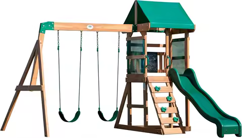 Buckley Hill Cedar Wood Swing Set with Wave Slide, Play Deck, Rock Wall Ladder, Belt Swings, Chalkboard, Canopy Roof, Outdoor Pl
