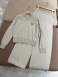 Women's Autumn Winter 2024 Cashmere Set Knitted Zipper Cardigan Jacket + Straight Wide-leg Trousers Suit