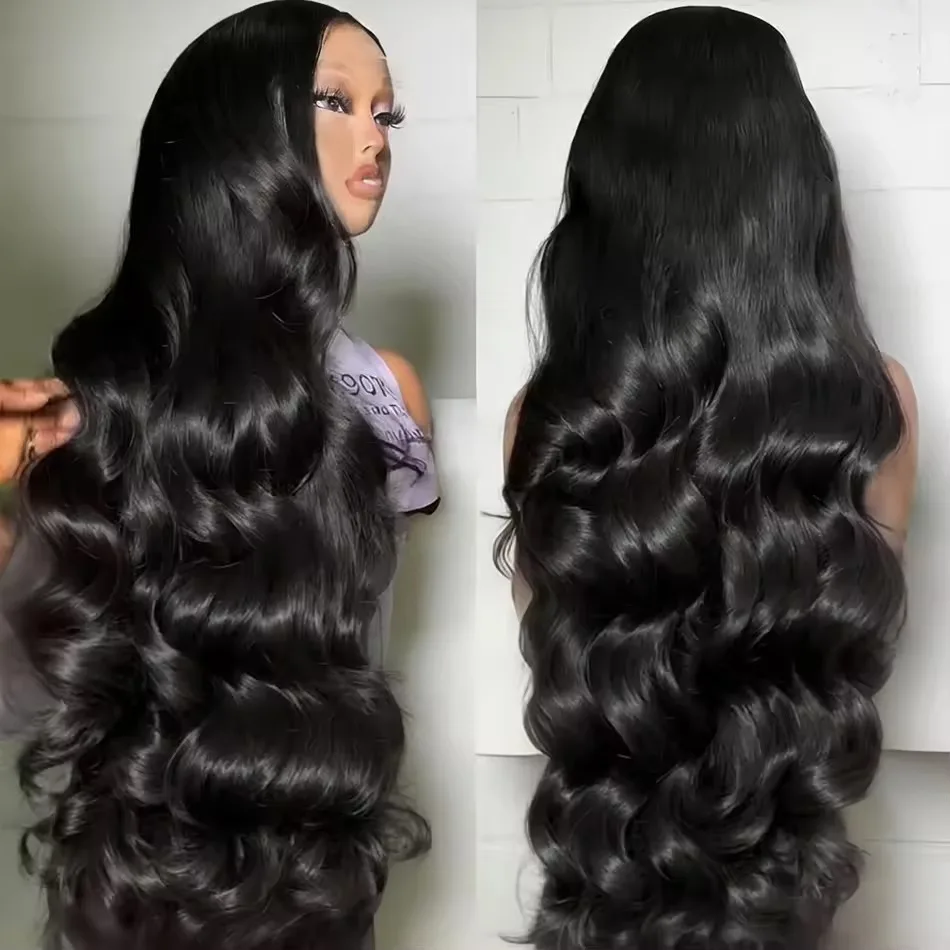 

42-дюймовый черный парик с волнистыми волосами, 13x6, с HD-кружевной передней частью, из 100% натуральных человеческих волос, с эффектом естественной линии роста волос, для женщин