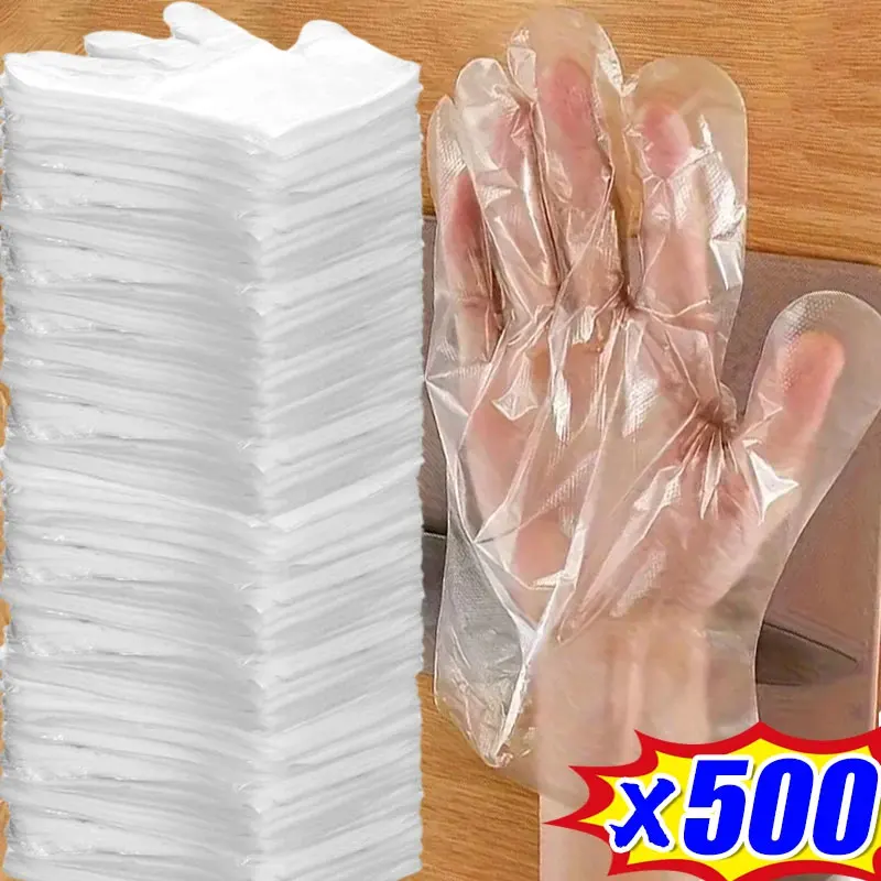 500/100pcs Disposable Gloves Food Grade Plastic Transparent Gloves for Restaurant Fried Chicken Pizza Gloves Kitchen Tableware