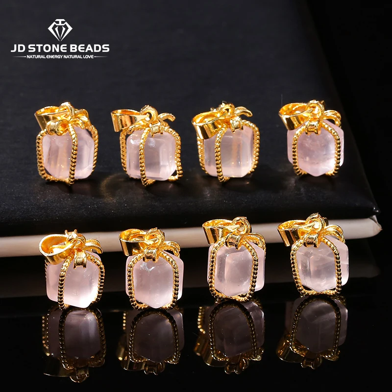 1 Pc Natural Pink Quartz Stone Carved Gift Box Shape Copper Buckle Pendant Charms For Jewelry Making Diy Necklace Bracelet