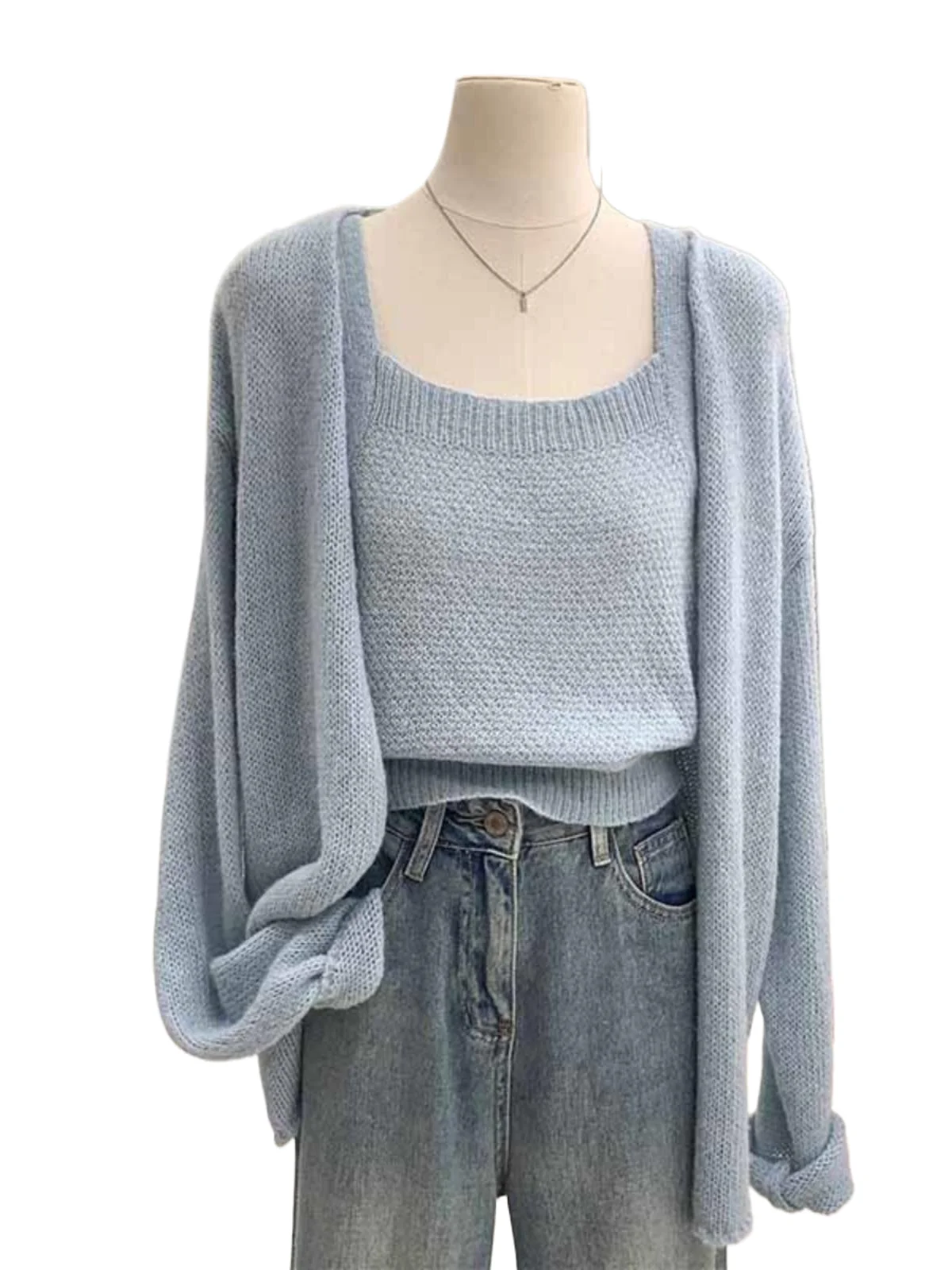 

Loose Knit Sweater Cardigan With Spaghetti Strap Vest Spring Autumn Long Sleeved Solid Versatile Women's Casual Top