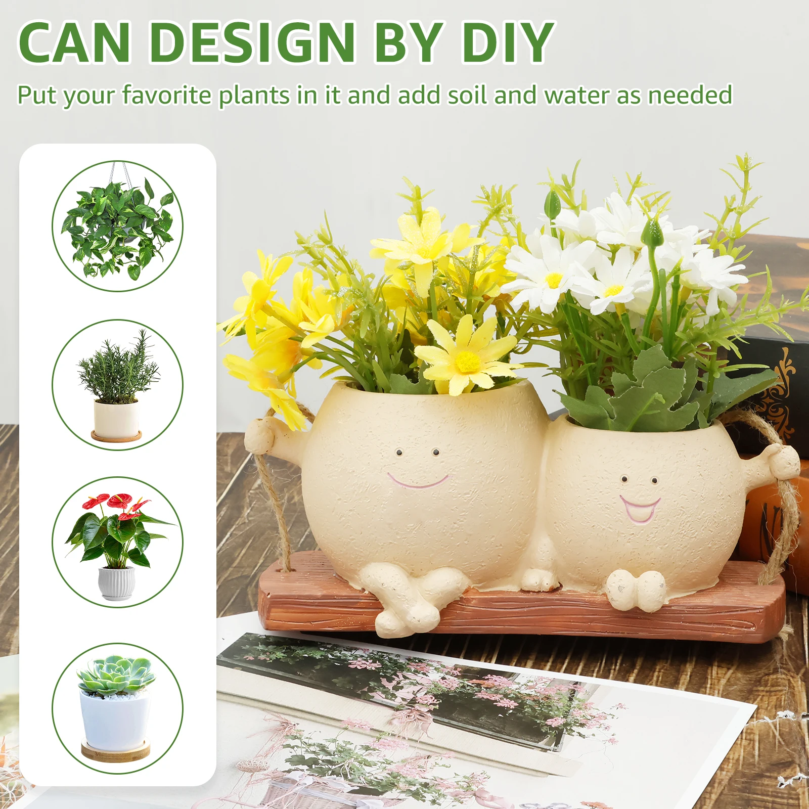 Cute Flower Pot Wall Planter Swing Face Planter Pot Resin Smiling Face Planter Creative Wall Hanging Head Planter Garden Tools