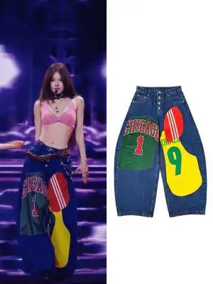 American Style Jeans Big Size Trendy Print Wide Leg Mopping High Waisted Jeans Men and Women Trendy Hip Hop Gothic Pants