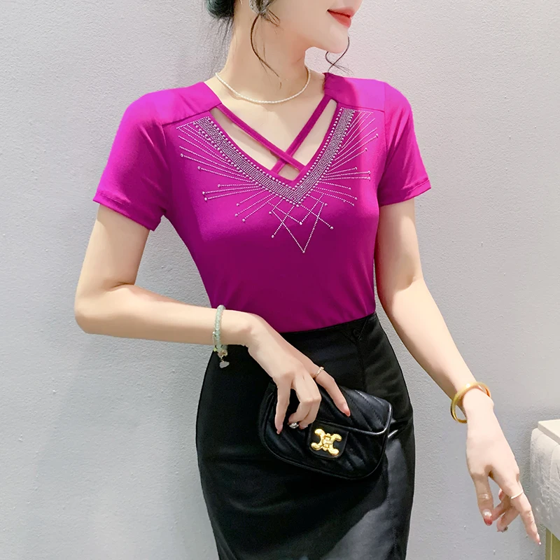M-3XL Summer New Short Sleeved Mesh T-Shirt Fashion Hollow Hot Diamond Women's Tops Solid Color High Stretch Clothes