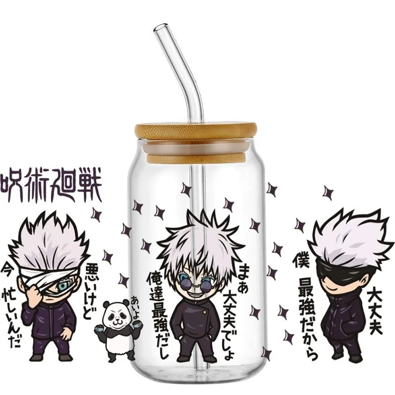 Miniso Cartoon Japanese anime Jujutsu Kaisen character Design High-Quality Wraps 16oz Glass Cup UV DTF Wrap Transfer Decals