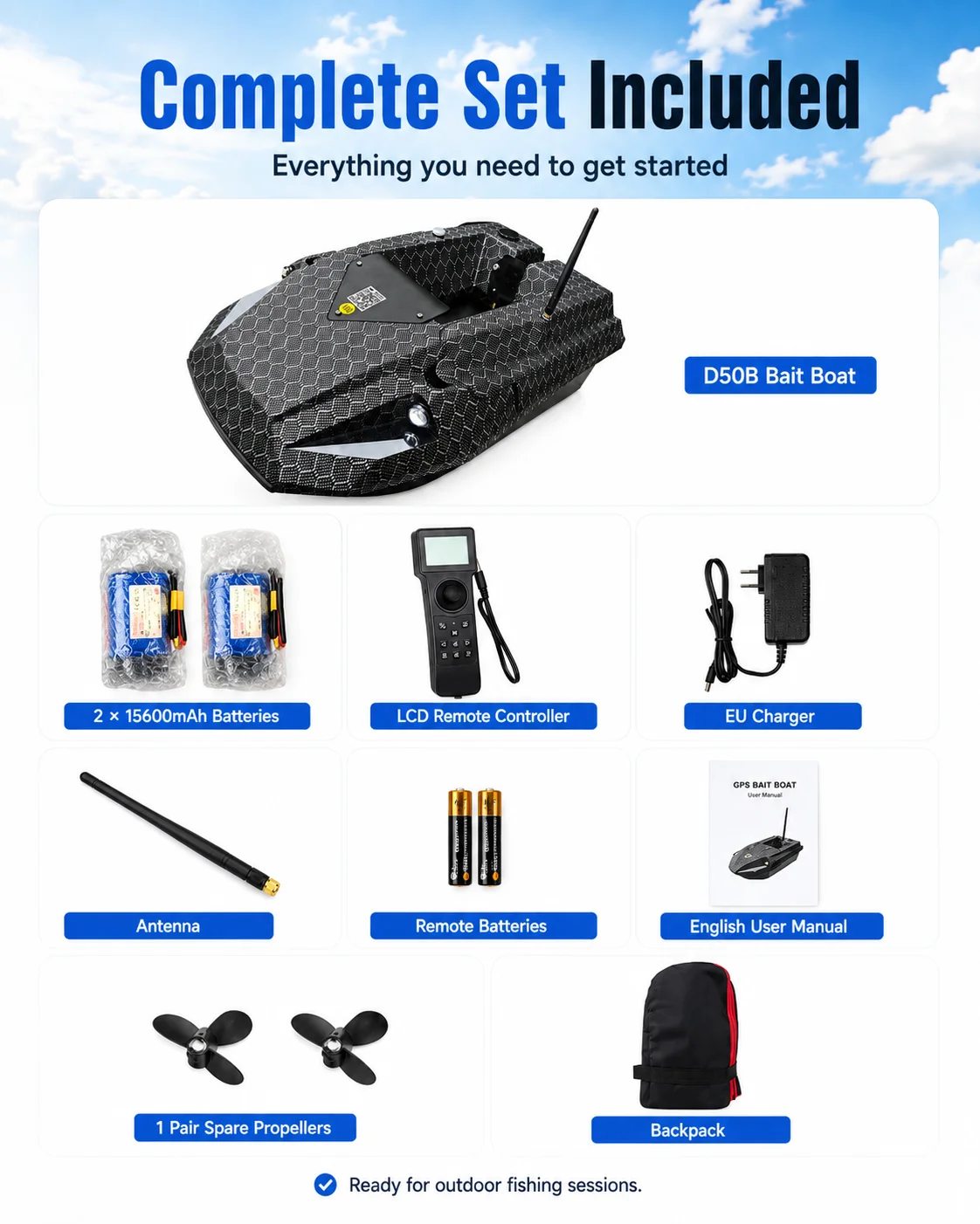 2026 Nieuwe D50B Carbon Fiber GPS Aasboot, Dubbele 15600mAh Batterij 12V GPS & Beidou Dubbele Positionering RC Visboot, Krachtig voor Aaswerpen Netten Trekken Buiten Vissen in Meren en Zeeën