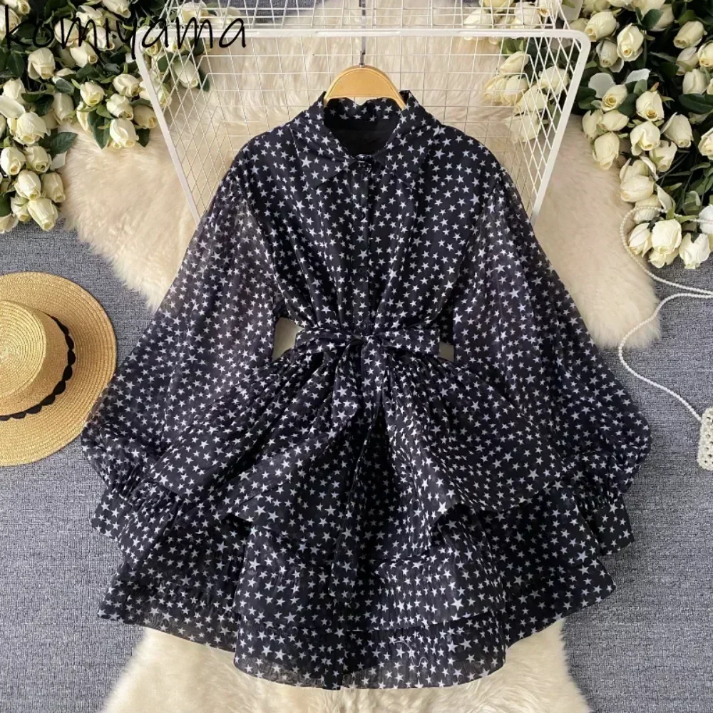 High Waist Cake Vestidos Mujer Laple Neck Lantern Long Sleeve Women Dresses Lace Up Tunic Dress Print Vestido 2025 Robes