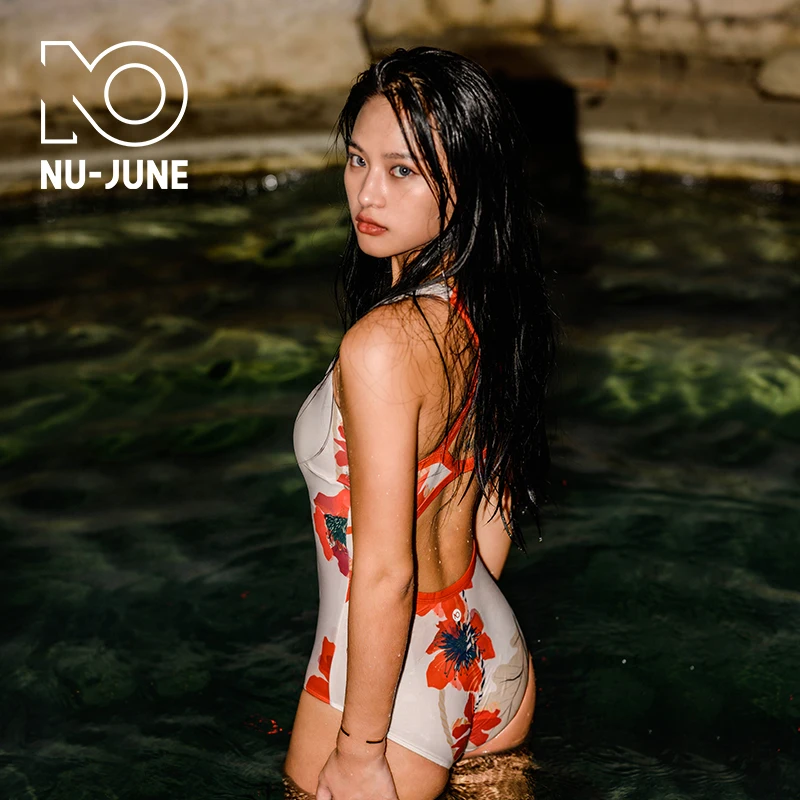 Nu-june kwiatowy jednoczęściowy strój kąpielowy seksowny koronkowy body z odkrytymi plecami strój kąpielowy Push Up kobiety Monokini kostiumy kąpielowe plażowe stroje kąpielowe