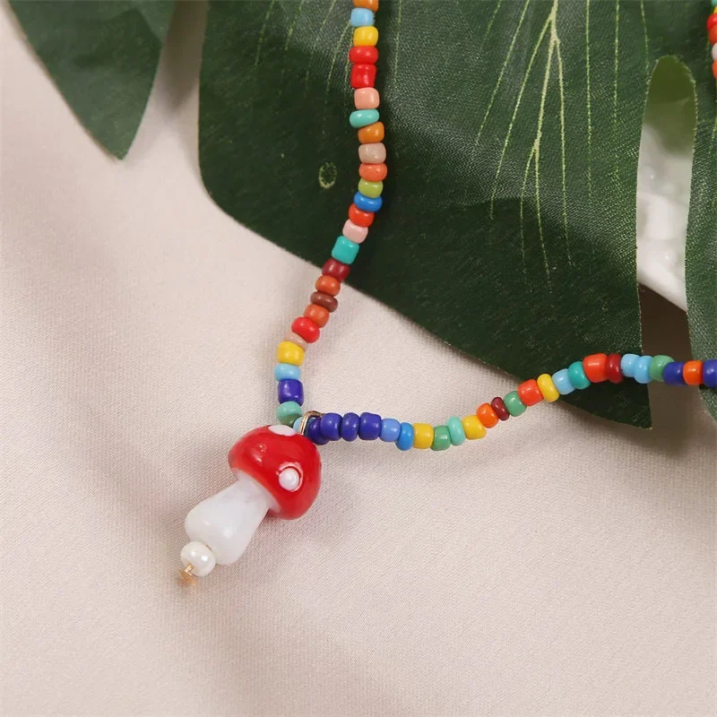 New 2021 Handmade Rice Beads Cute Mushroom Charm Necklace Women Korean Woven Pendant Jewelry dropshipping