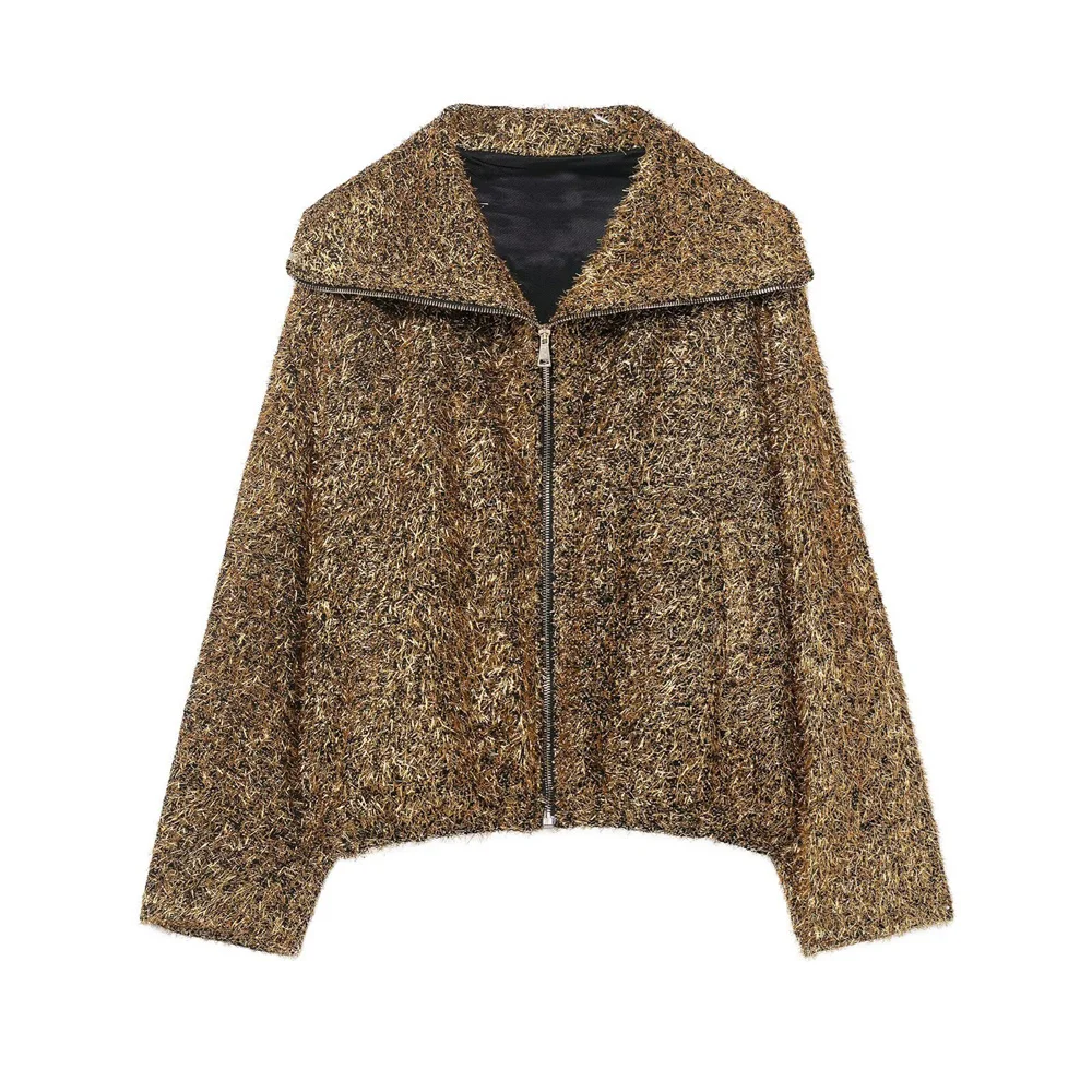 

Autumn/Winter New Arrival Women's Fashion Flared Long Sleeve Loose Zippered Metallic Thread Pilot Jacket Coat
