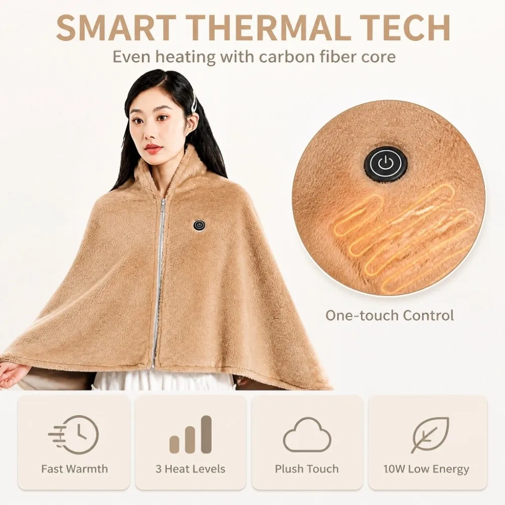 Zipper Design Electric Shawl Blanket Double-Layer Warm-keeping USB Shawl Blanket Convenient Thickened Plush Shawl for 10W/5V