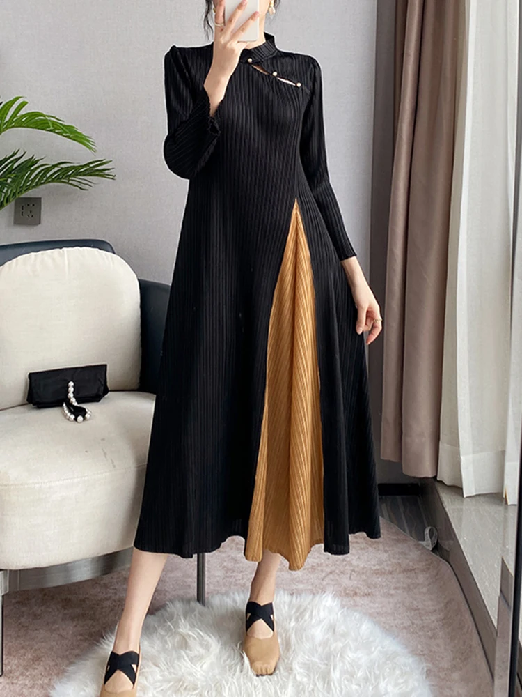 DEAT Pleated Dress Women A Line Patchwork Full Sleeve Stand Collar Medium Long Evening Party New Autumn 2024 Female 15KB5406