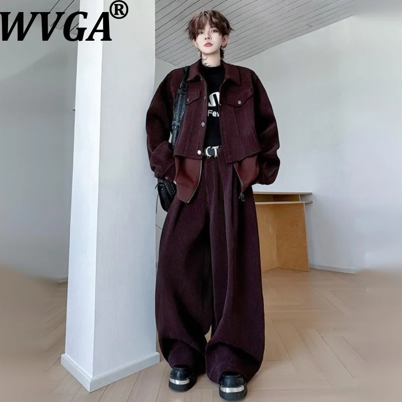 WVGA Autumn Winter New Men Tide American Style Patchwork Trendy Coats Niche Chic Casual Wide-Leg Pants Two Pieces Set Ins W16424